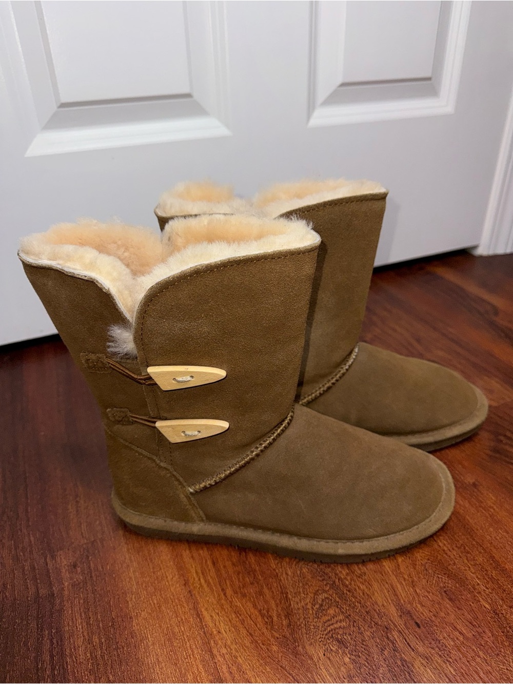 BearPaw Women's Suede Shearling Mid-Calf Boots - Chestnut Brown - Picture 2 of 6